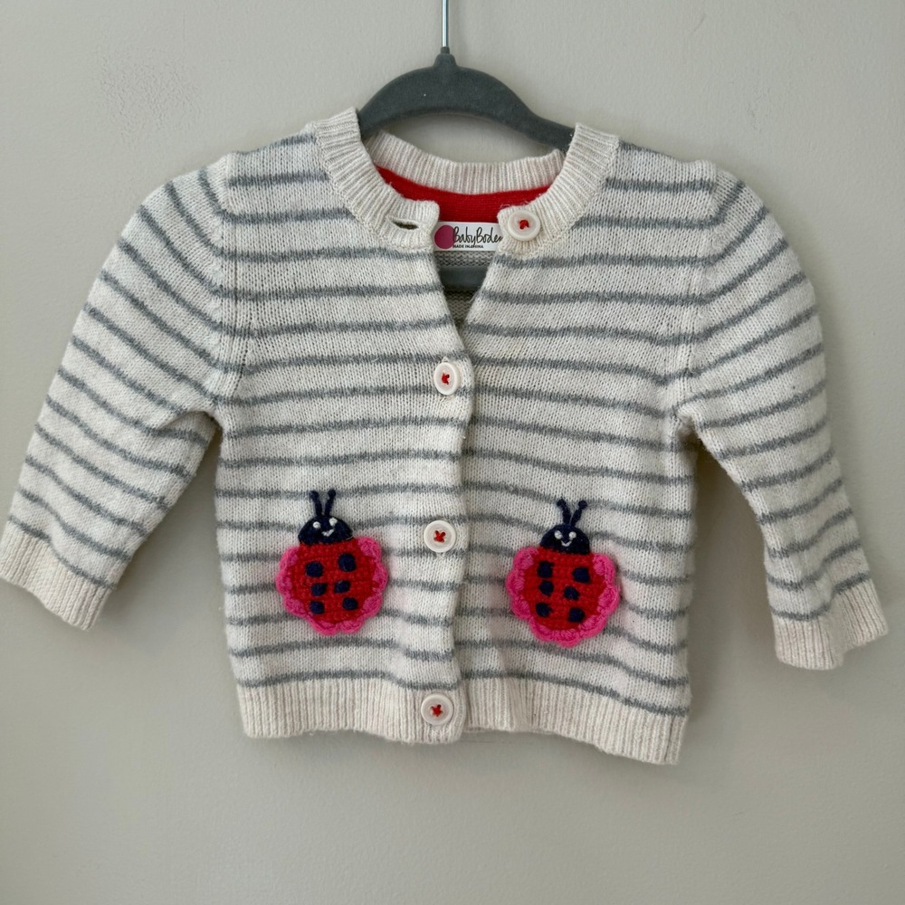 Baby Boden Gray Striped Ladybug Crochet Knit Cardigan Sweater 0-3M 62cm YO755